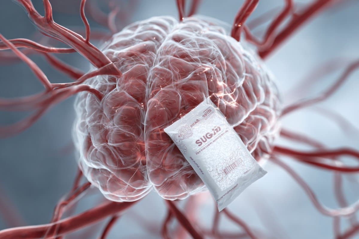 This shows a brain and a packet of sweetener.