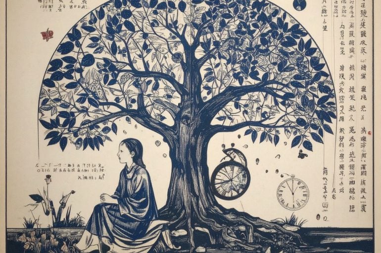 This shows a child sitting under a tree.