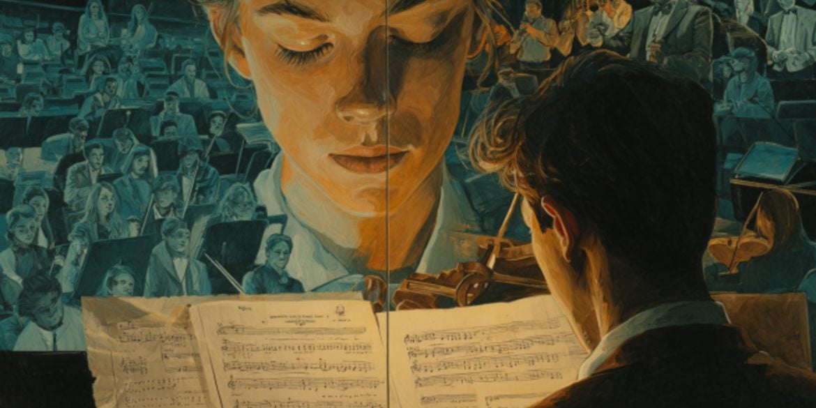 This shows a person with sheet music.