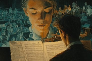 This shows a person with sheet music.