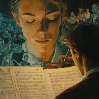 This shows a person with sheet music.