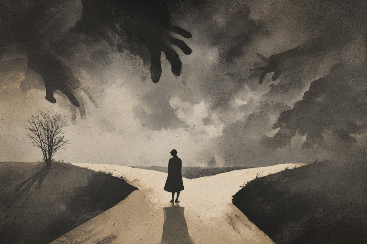 This shows a woman at a crossroads.