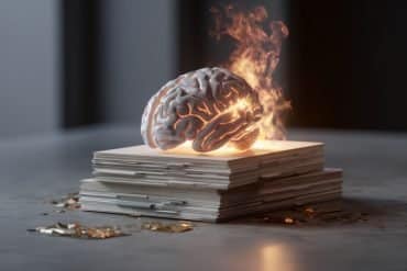 This shows a burning brain on top of a stack of scientific journals.