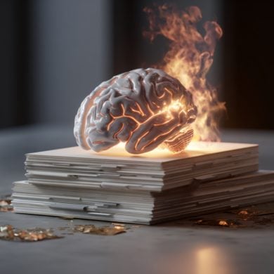 This shows a burning brain on top of a stack of scientific journals.