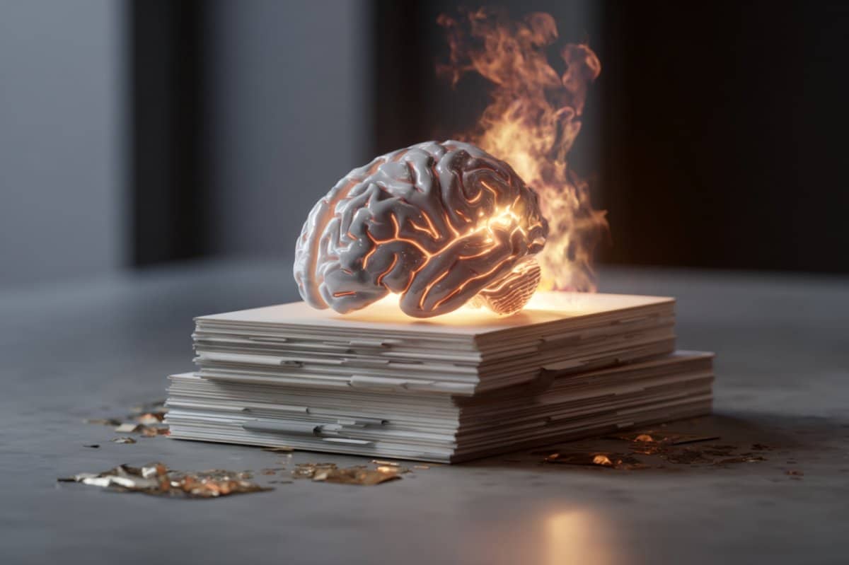 This shows a burning brain on top of a stack of scientific journals.