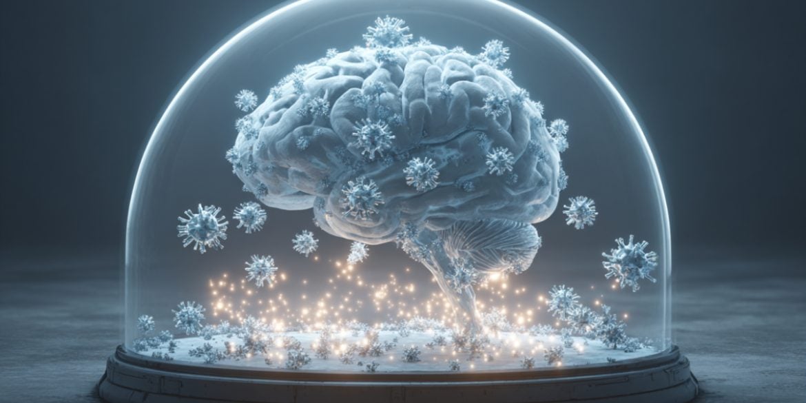 This shows a brain surrounded by proteins in a snow globe.