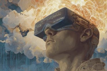 This shows a man in a neurotech headset covered in words, implying this tech can interpret inner speech.