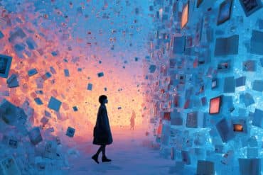 This shows a person walking in a room surrounded by books and photos.