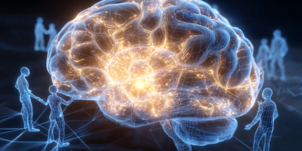 This shows a brain with glowing neurons and people surrounding it.