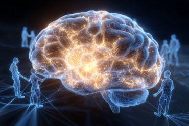 This shows a brain with glowing neurons and people surrounding it.
