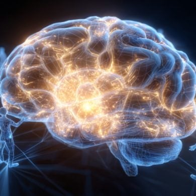 This shows a brain with glowing neurons and people surrounding it.
