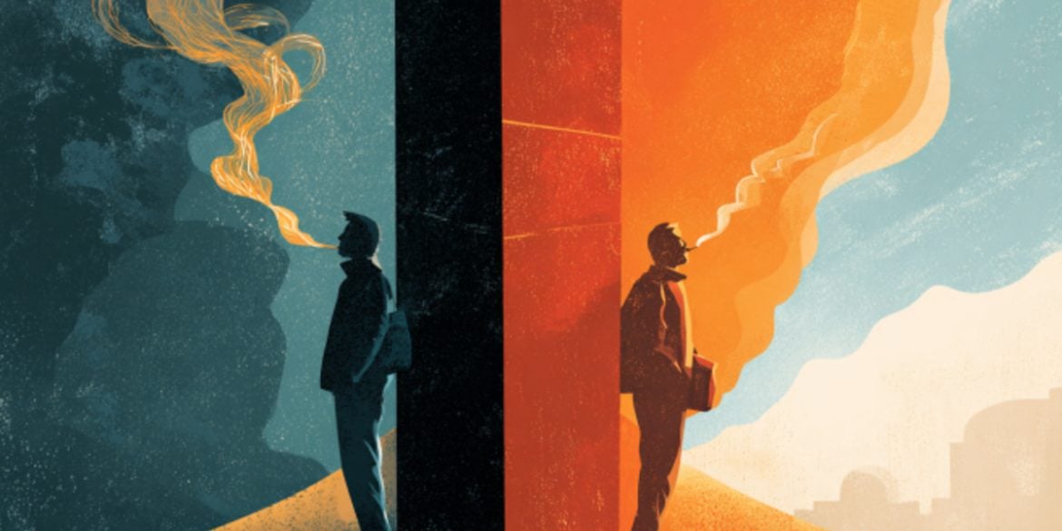 This shows two people surrounded by smoke at a crossroads, implying quitting smoking could help resolve other addiction issues.