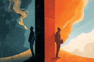 This shows two people surrounded by smoke at a crossroads, implying quitting smoking could help resolve other addiction issues.