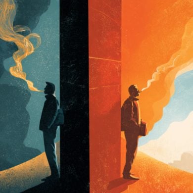 This shows two people surrounded by smoke at a crossroads, implying quitting smoking could help resolve other addiction issues.
