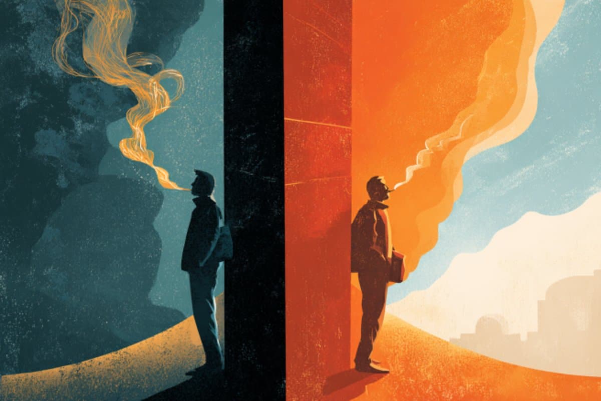 This shows two people surrounded by smoke at a crossroads, implying quitting smoking could help resolve other addiction issues.