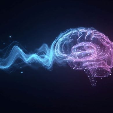 This shows a brain and sound waves.