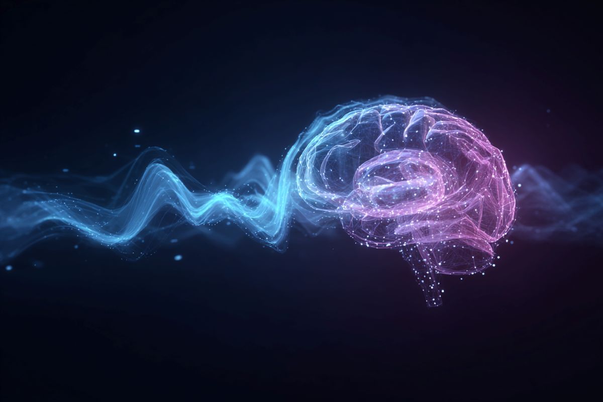 This shows a brain and sound waves.