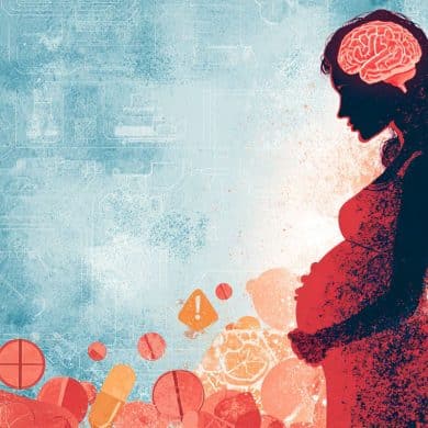 This shows a pregnant woman and a brain surrounded by pills.