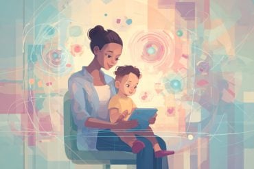 This shows a mom and toddler looking at a tablet.