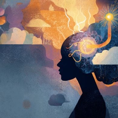 This shows the outline of a woman, pills, and "negative memories" flowing from her head.