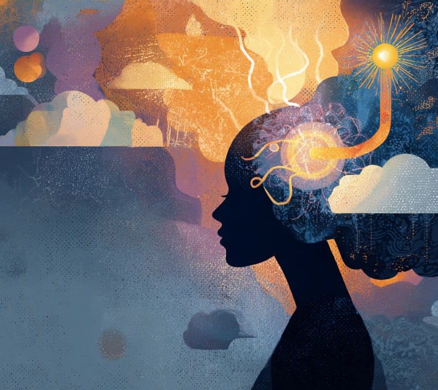 This shows the outline of a woman, pills, and "negative memories" flowing from her head.