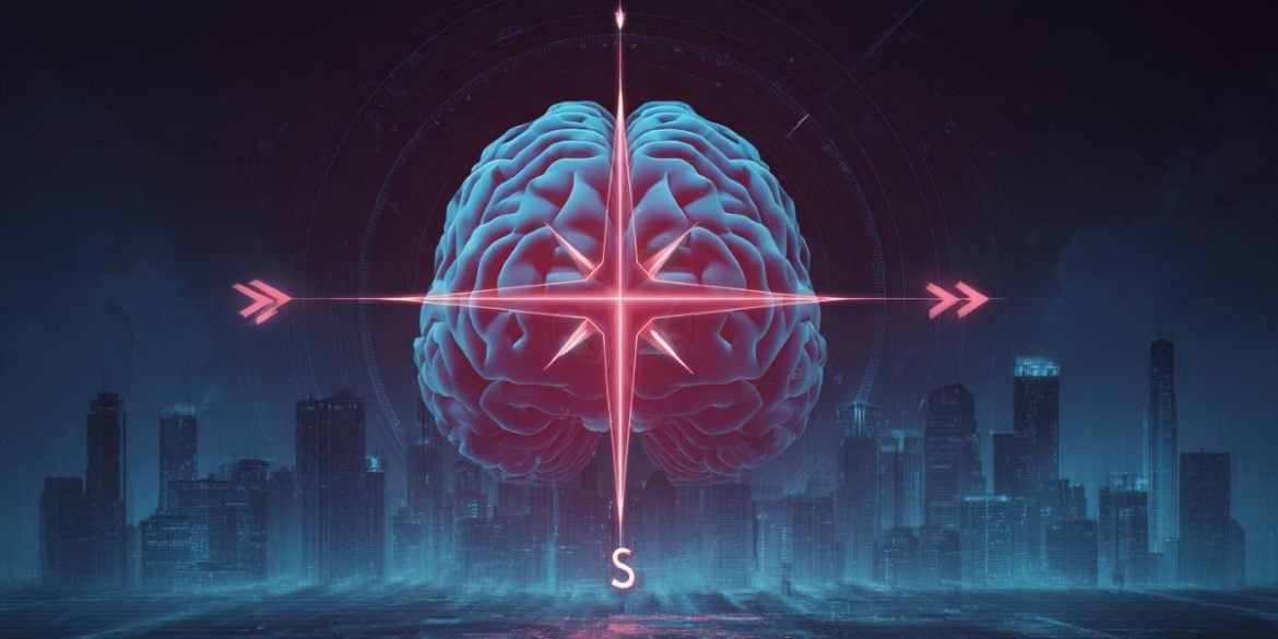 This shows a brain with an overlay of compass points.