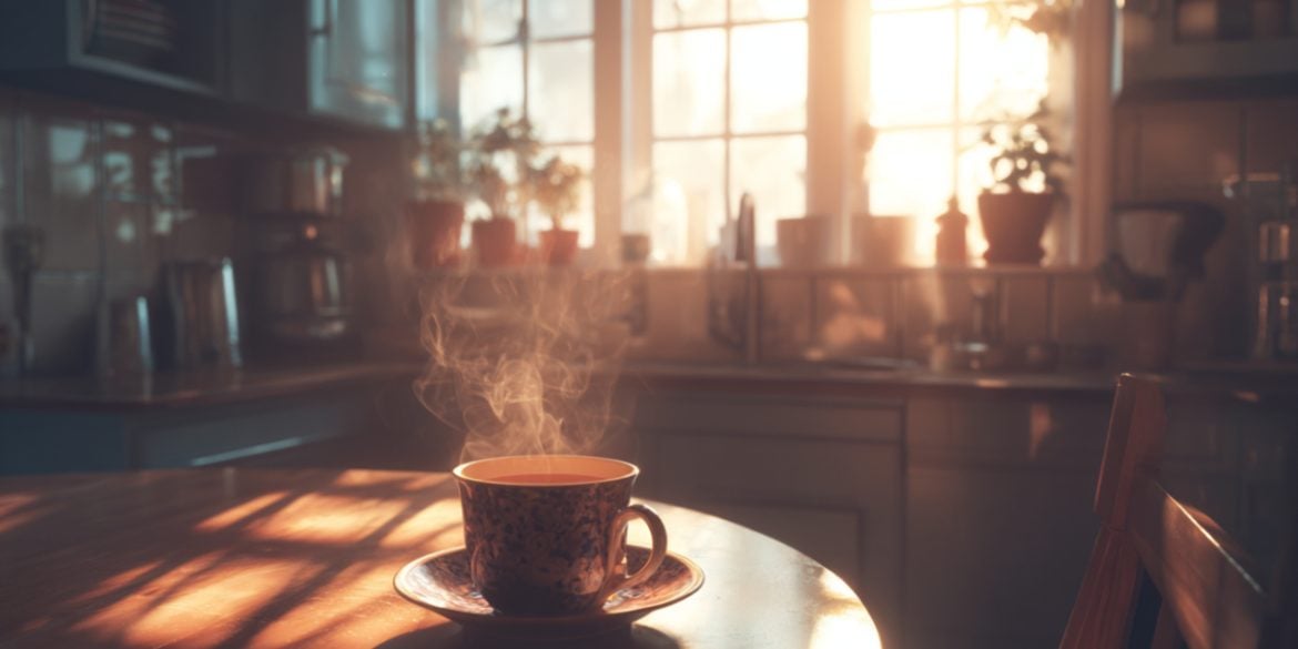 This shows a cup of coffee on a table with sunlight drifting in through the window.