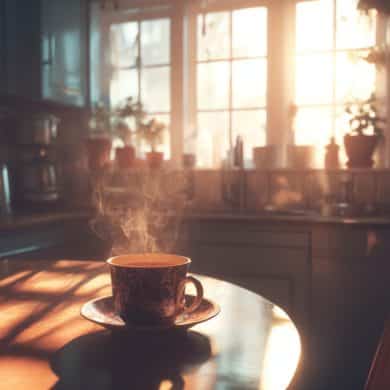 This shows a cup of coffee on a table with sunlight drifting in through the window.