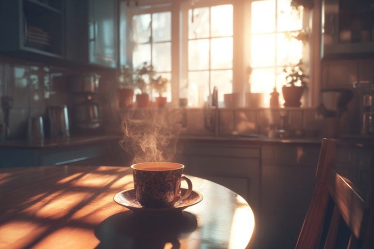 This shows a cup of coffee on a table with sunlight drifting in through the window.