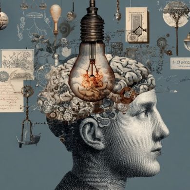 This shows a head and a brain with a light bulb.