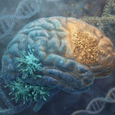 This shows a brain surrounded by DNA.