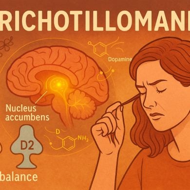 This illustration shows a woman pulling at her hair with a brain and the NAc highlighted. The dopamine structure is in the background.
