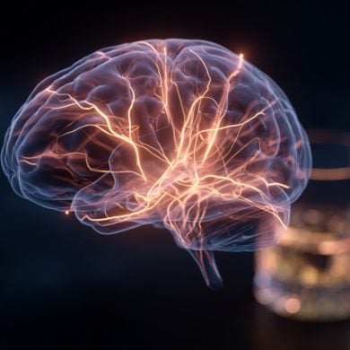 This shows a brain with a neutral network spreading from the PFC. A drink glass is behind the brain.