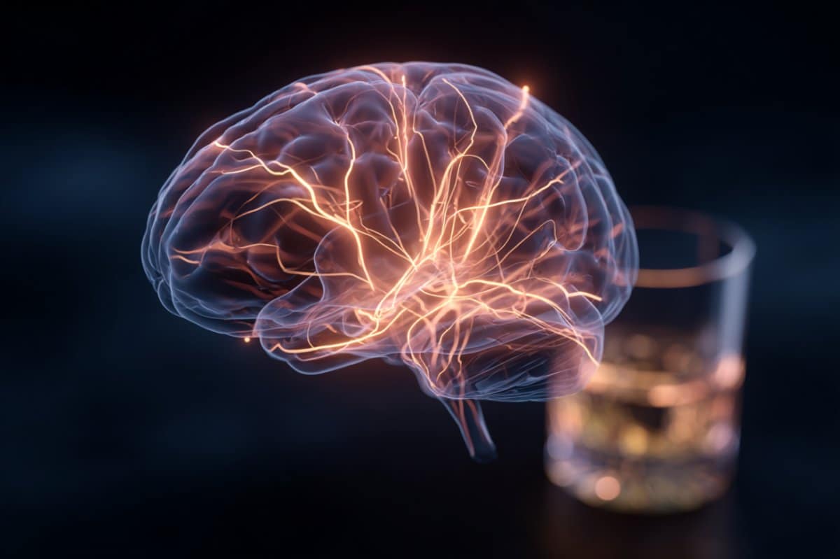 This shows a brain with a neutral network spreading from the PFC. A drink glass is behind the brain.