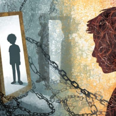 This shows the outline of a sad child, a child looking into the mirror and an ominous adult in the background. There are chains tying the child to the adult.