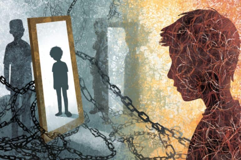 This shows the outline of a sad child, a child looking into the mirror and an ominous adult in the background. There are chains tying the child to the adult.