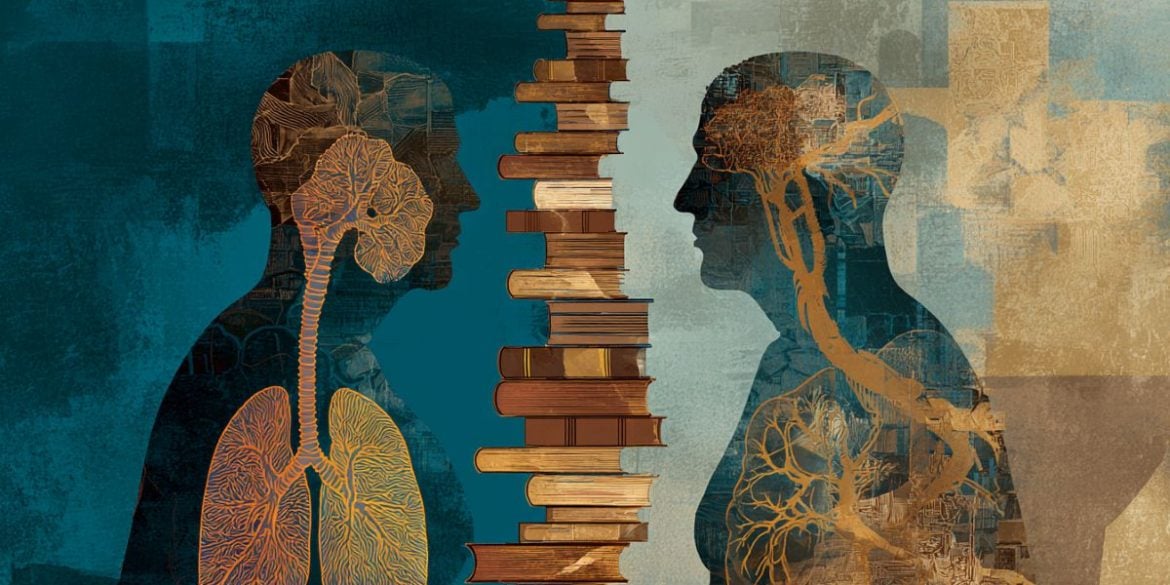 This shows the outline of two people and books.