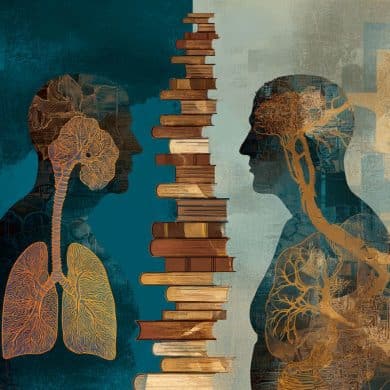 This shows the outline of two people and books.