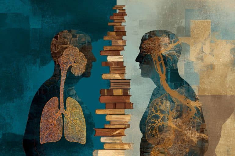 This shows the outline of two people and books.