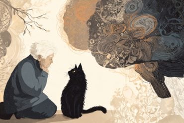 This shows an older woman and a cat. A brain is in the background.