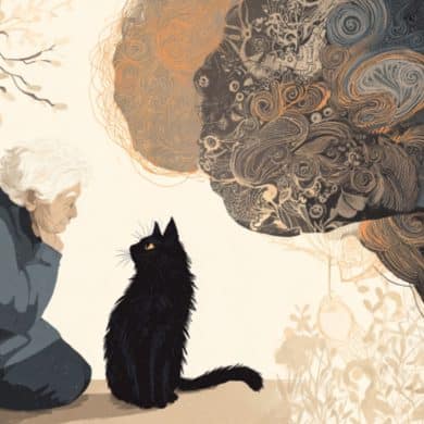 This shows an older woman and a cat. A brain is in the background.