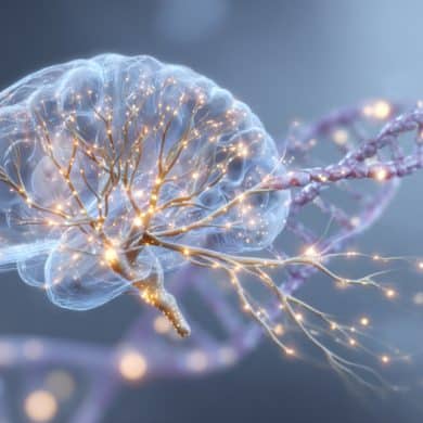 This shows a brain and DNA.
