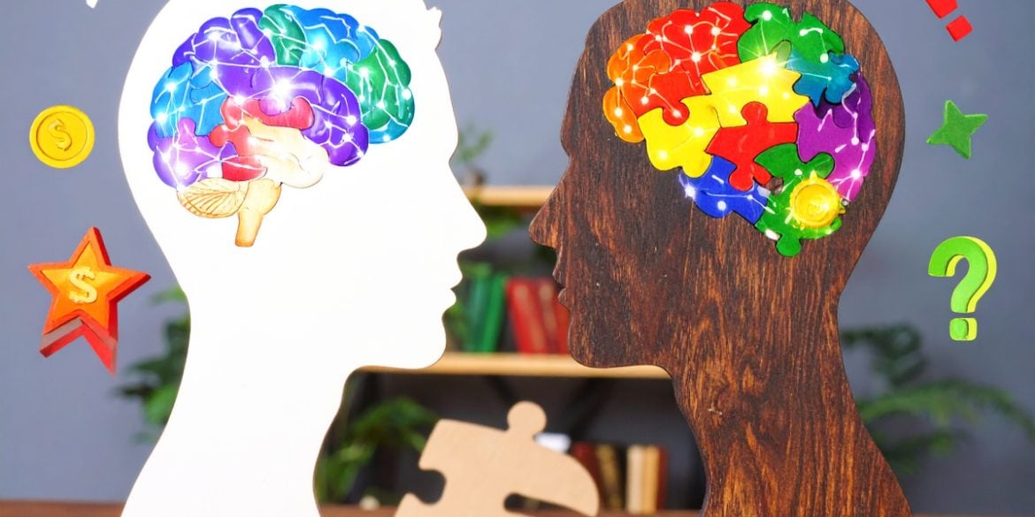 This shows the outline of two heads and brains. One brain is foggy, as though representing depression.