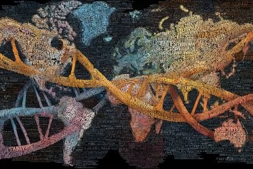 This shows a map of the world with DNA and speech bubbles overlayed.
