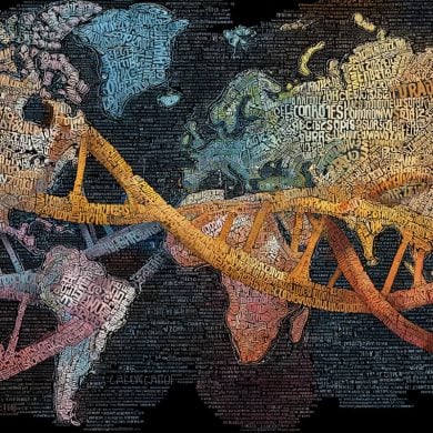 This shows a map of the world with DNA and speech bubbles overlayed.