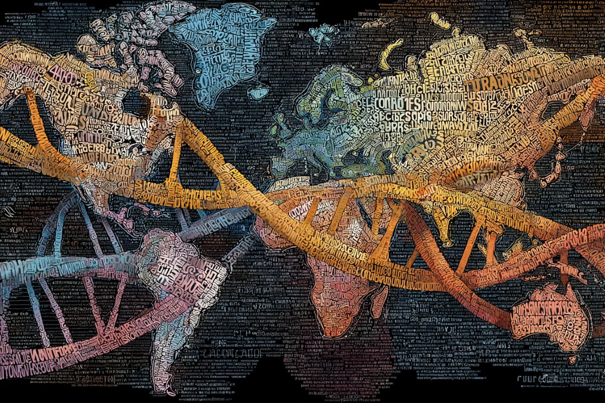 This shows a map of the world with DNA and speech bubbles overlayed.