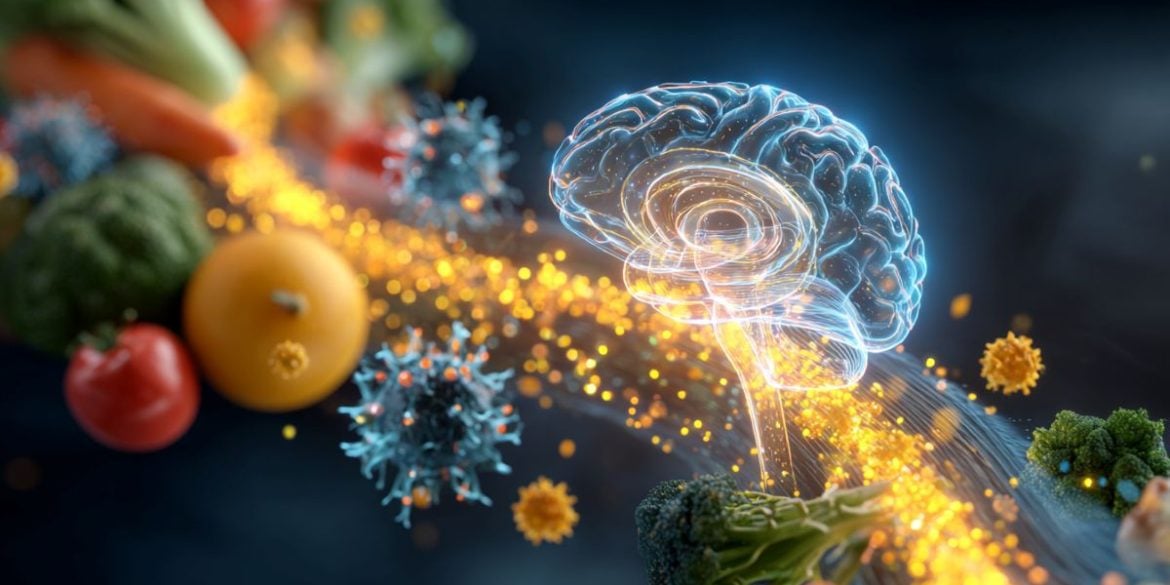 This shows a brain, the gut and fruits.