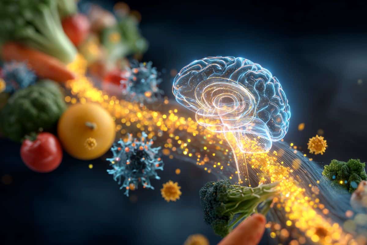 This shows a brain, the gut and fruits.