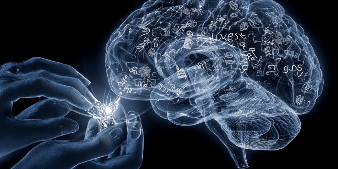 This shows a brain and a pair of hands holding a tool.