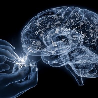This shows a brain and a pair of hands holding a tool.
